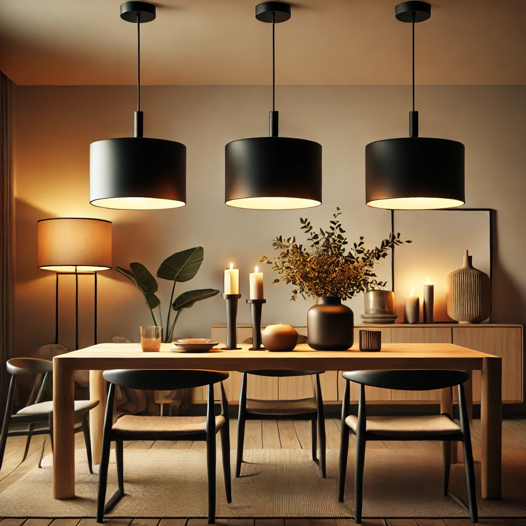 Een moderne eetkamer met een stijlvolle zwarte 3-lichts hanglamp, hangend boven een houten tafel met minimalistische decoraties zoals kaarsen en een vaas met groen.