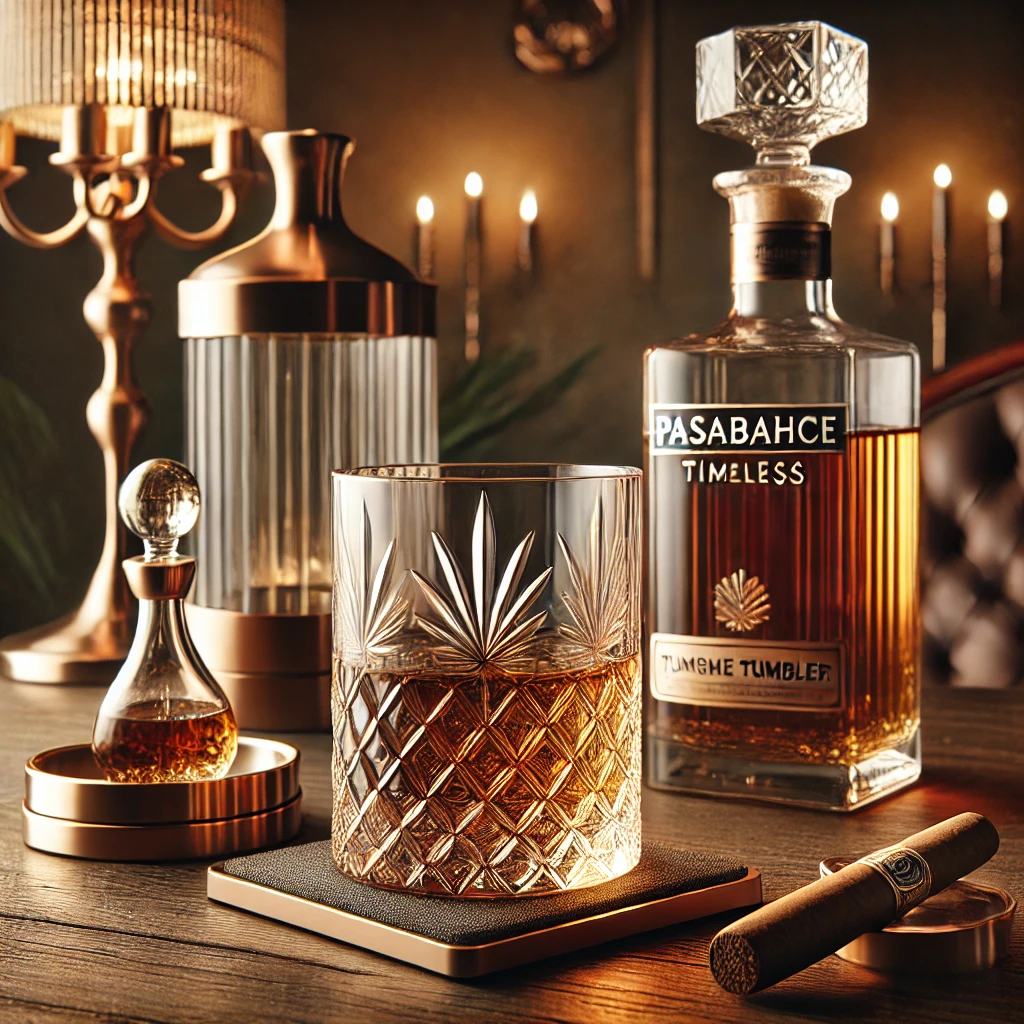 Een stijlvolle whiskeysetting met het Pasabahce Timeless Tumbler glas, gevuld met whiskey, gepresenteerd op een houten tafel met warme, luxe decoratie.